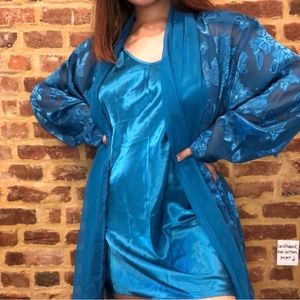 Vintage Victoria's Secret Blue/Teal Satin Nightgown and Robe Set